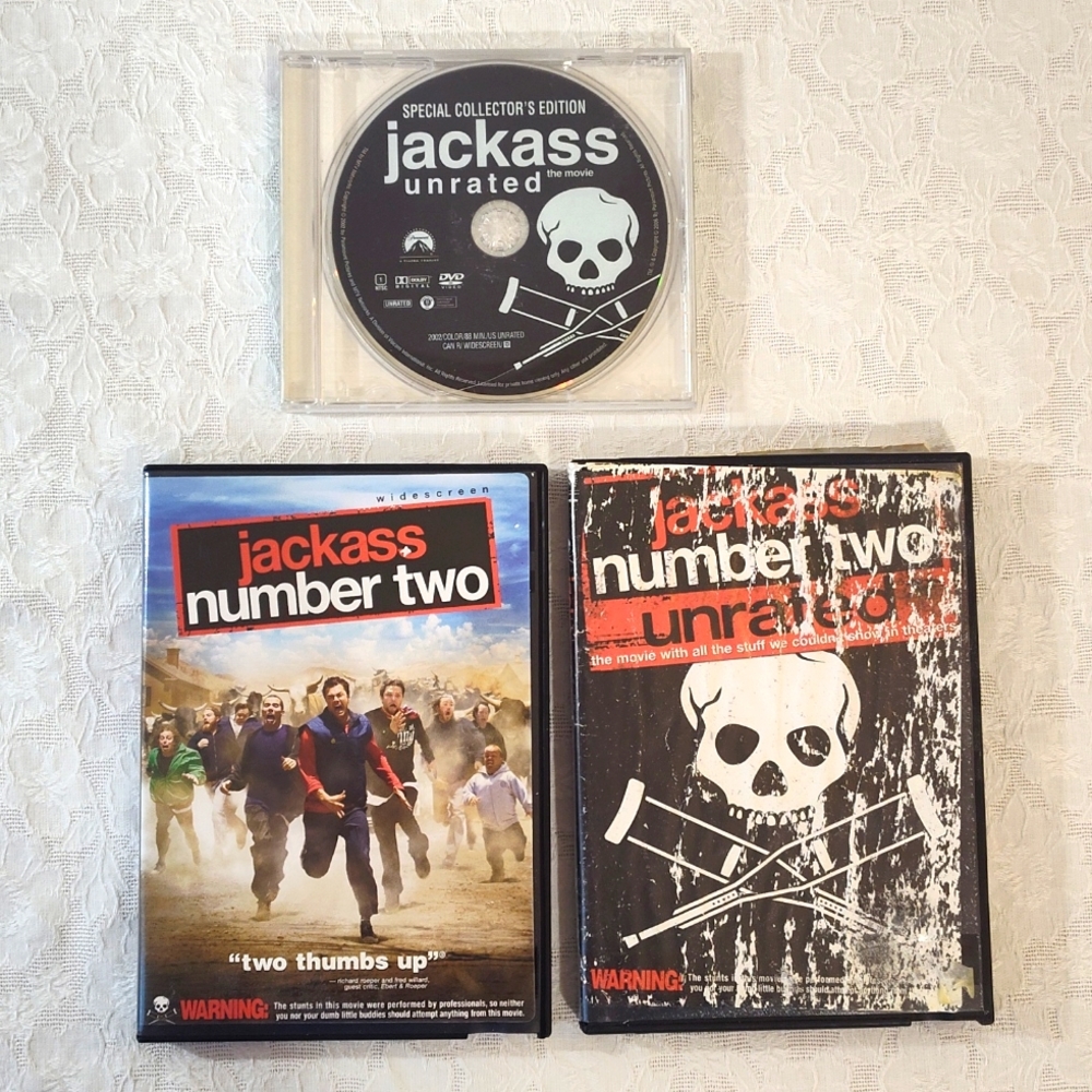 3-DVD's 1. Jackass Unrated 2. Jackass Number Two 3. Jackass Number Two Unrated
